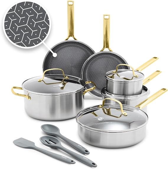 GreenPan Hybrid APEX 13 Piece Stainless Steel Ceramic Nonstick Cookware Set | Tri-Ply Pots & Pans, PFAS-Free Thermobond Nonstick, Induction & All Stovetop Compatible, Dishwasher & Oven Safe to 850F, Gold