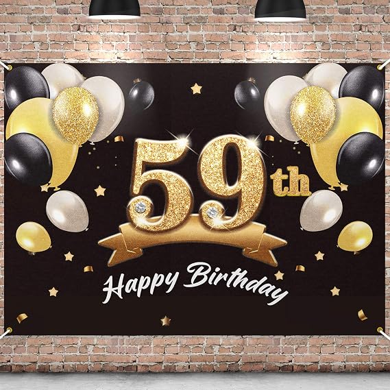 Happy 59th Birthday Banner Backdrop - 59 Birthday Party Decorations Supplies for Men - Black Gold 4 x 6ft