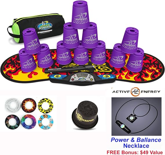 Speed Stacks Combo Set 'The Works: 12 Purple 4" Cups, Black Flame Gen 3 Mat, G4 Pro Timer, Cup Keeper, Stem, Gear Bag + Active Energy Necklace