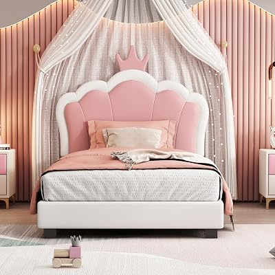 Twin Size Upholstered Princess Bed with Crown Headboard and Footboard, Cute Platform Bed Frame for Girls, PU Leather Bed with Slats, No Box Spring Needed, WhiteNo Mattress