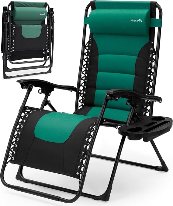 SereneLife Zero Gravity Lounge Chair, Foldable Adjustable Outdoor Patio Recliner, Lawn Recliner with Cup Holder and Side Table for Backyard, Camping, Beach or Outdoor Relaxation