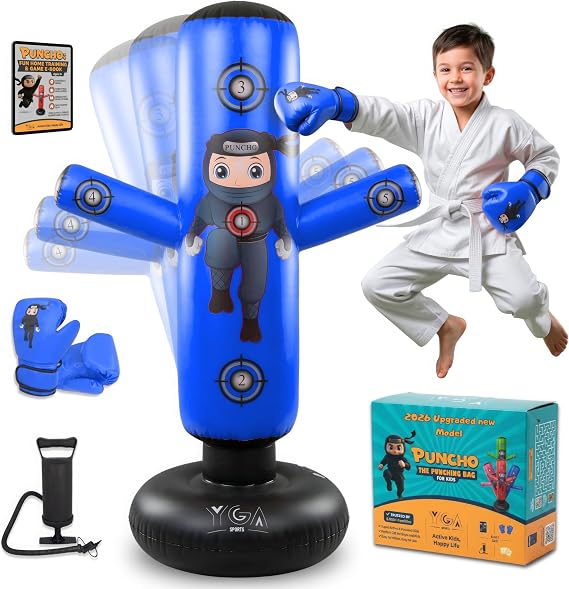 PUNCHO Punching Bag for Kids 3-12 with Boxing Gloves, Pump and Play Book