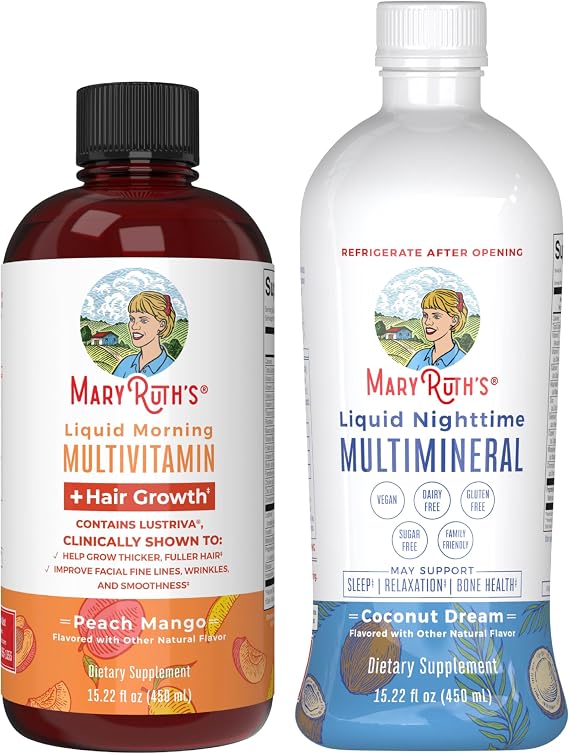 MaryRuth's Liquid Morning Multivitamin +Hair Growth (Peach Mango, 15oz) & Nighttime Multimineral (Coconut, 15oz) | Clean Label Project Verified | Vegan, Non-GMO | Beauty, Bedtime Routine & Wellness