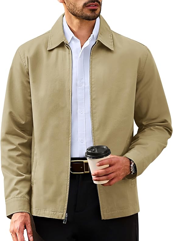 TACVASEN Men's Cotton Jacket Full Zip Up Work Jackets Turndown Collar Business Casual Windbreaker with 3 Pockets