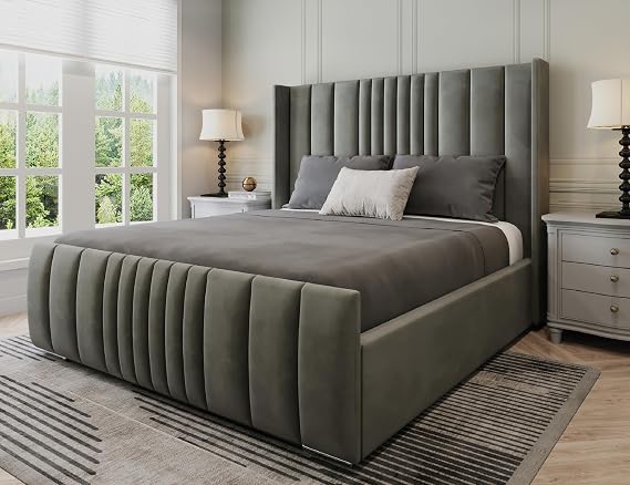 Manhattan Double Bed Frame 4ft6, Modern Plush Velvet Upholstered Panelled Design, Luxury 4ft6 Beds Base with High Headboard, Stylish Bed Frame Double