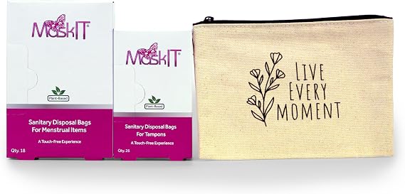 MaskIT Sanitary Napkin & Tampon Disposal Bags with Period Travel Bag MaskIT Starter Kit Plant-Based Disposal Bags for Sanitary Napkins, Tampons, Applicators, Pads, Period Panties, Menstrual Discs