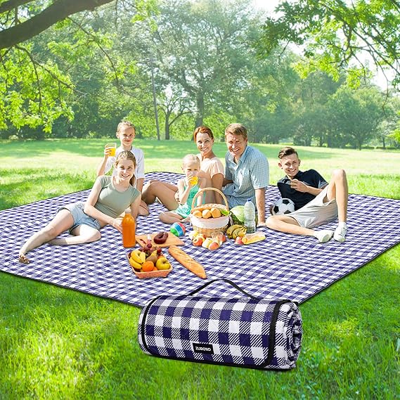 Picnic Blankets Outdoor Blanket Waterproof, 80''x80'' Extra Large Beach Blanket Sandproof Foldable Machine Washable, Vintage Gingham Picnic Mat Grass Lawn Park Family Camping Party Music Festival