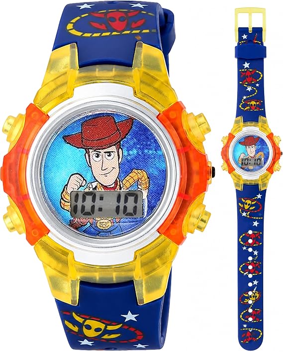 Toy Story 4 Kids Digital LCD Watch Flashing Dial, Woody Character Design, Printed Strap, Adjustable Fit, Durable Plastic Case, Fun Timepiece for Kids, Great for Fans Fits Wrists 5.5 to 8
