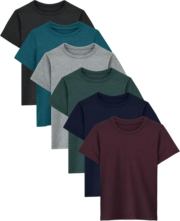 6 Pack Boys Athletic T-Shirts Youth Kids Quick Dry Moisture Wicking Active Performance Short-Sleeve Tops for Teens