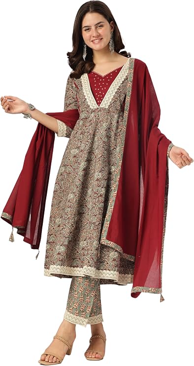 Janasya Indian Women's Cotton Sage Floral Print Festive Wear Kurta Set for Women