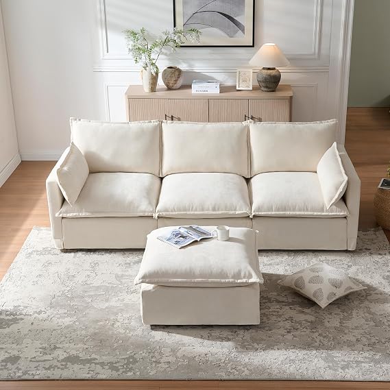93" L-Shape Sectional Sofa, Modular Couch with Ottoman & Chenille | Modular L-shape design, Chenille fabric upholstery, High-resiliency foam, Movable ottoman included, 750lb capacity