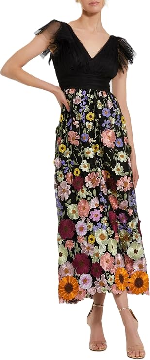 Mac Duggal Embroidered Ruched Flutter Sleeve A Line Dress