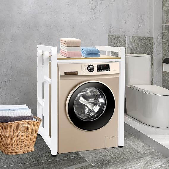 Washer Dryer Stacking Rack Stand, Heavy Duty Over Washer&Dryer Shelves with Adjustable Shelf, Space Saver Stackable Storage Shelf for Laundry Room Height:41.34in(White, Light Walnut)