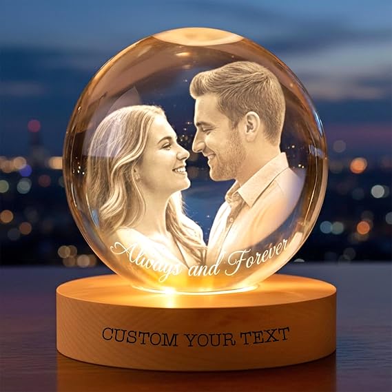 Personalized 3D Photo Crystal Ball, Custom Engraved Picture Lamp, Globe Night Light for Couples, Custom Photo Gifts for Wife, Husband, Gifts Birthday Anniversary Valentines for Her, Him