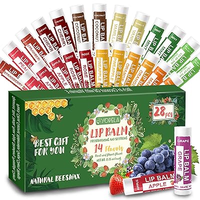 Yopela 28 Pack Natural Lip Balm Bulk with Vitamin E and Coconut Oil - Moisturizing, Soothing, and Repairing Dry and Chapped Lips Valentines Gift - 14 Flavors - Non-GMO