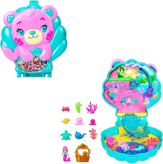 Polly Pocket Dolls & Playset, Glitter Island Compact | Portable Travel Toy, 1 Micro Mermaid Doll, Ocean Pets & Themed Accessories, JCB16
