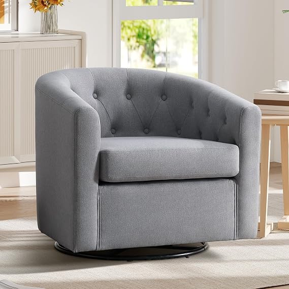 ANJ Swivel Accent Chair, 360 Degree Round Swivel Barrel Chairs with Padded Armrests & Comfy Backrest, Modern Linen Fabric Armchair for Living Room, Bedroom, Office, Grey