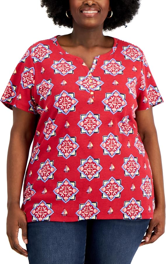 Karen S Plus Size Printed Split Neck Henley Top
