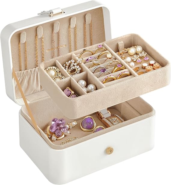 SONGMICS GISELLA Collection - Travel Jewelry Organizer, 2-Layer Jewelry Case Holder with Shiny Metal Hardware, Portable, Premium Velvet, for Earrings Necklaces, Cloud White UJBC166W01