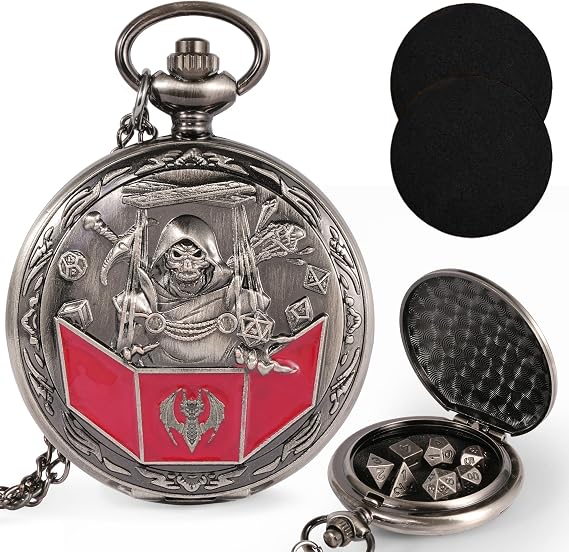 Kabinka D&D Dice Set with Pocket Watch Shell, 7Pcs Polyhedral Dice Set, DND Dice with Necklace Perfect for Dungeons and Dragons Dice, RPG, Role Playing Dice Accessory (DM, Ancient Silver)