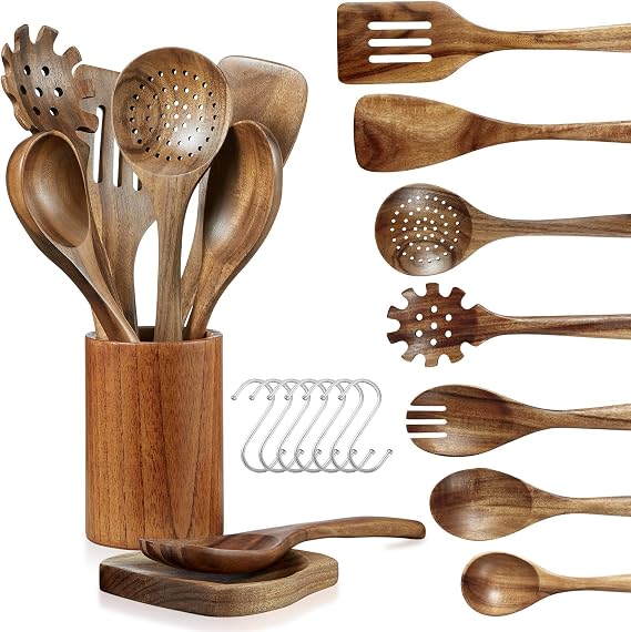Kitchen Utensil Set 10-Piece Wooden Cooking Utensils Cooking Cutlery Set Heat Resistant Cookware with Utensil Holder Cooking Set Kitchen Utensils Non-Stick Coated Wooden Spatula Set (Wood)