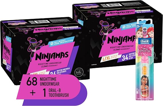 Pampers 2 Ninjamas + Oral-B Toothbrush, Two Nighttime Training Pants Girls, 34 Count, Size L/XL (64-125 lbs) & Oral-B ProHealth Stages Power Kid's Toothbrush Disney Princess