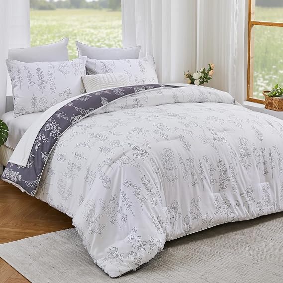 Qucover Coverless Duvet Single with 1 Pillowcase, 135x200cm Reversible Duvet Set with Floral Botanical Pattern, 2-Piece All Seasons Comforter Single Size, Lightweight Single Duvet Set White