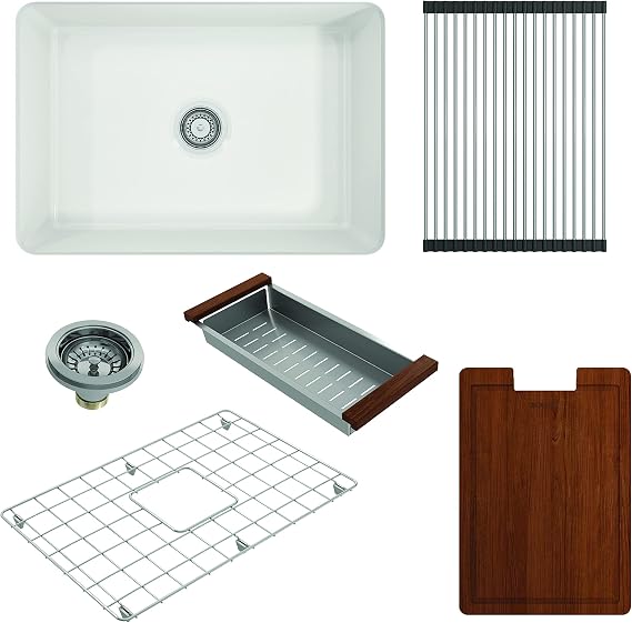 BOCCHI Sotto Undermount Fireclay 27 in. Single Bowl White with Accessories Kitchen Sink Kit