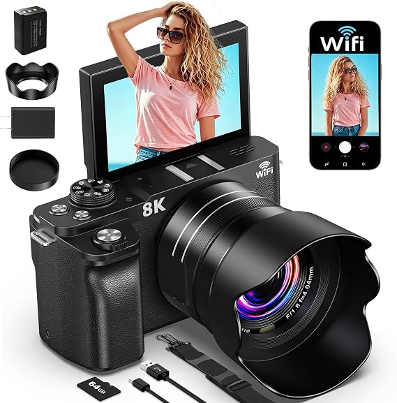 8K Digital Camera, 88MP Cameras for Photography, Vlogging Camera for YouTube with 3" 180 Flip Screen, 18X Zoom UHD Autofocus Video Camara with Lens Hood, 64GB Card