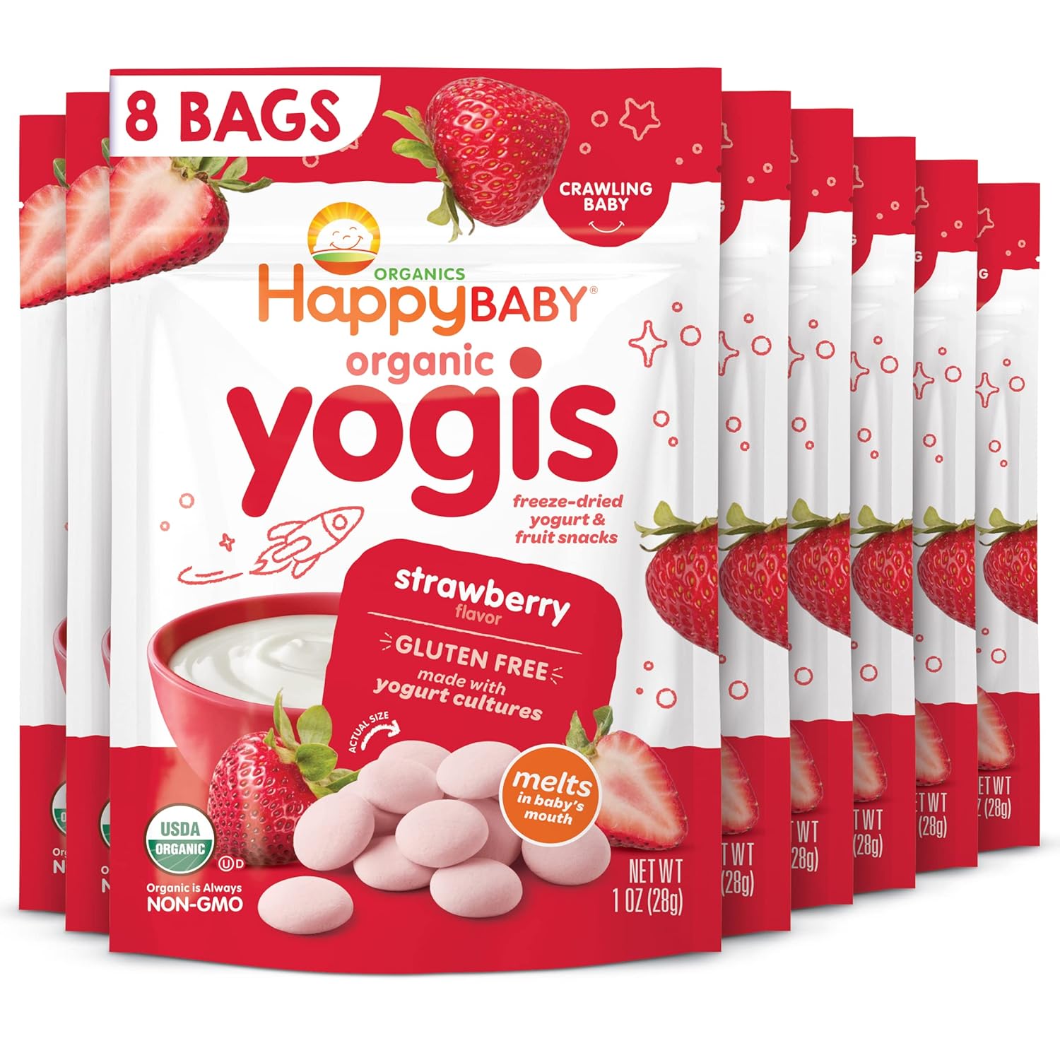 Happy Baby Organics Yogis Freeze-Dried Yogurt & Fruit Snack, Strawberry, 1 Ounce Pack of 8 packaging may vary