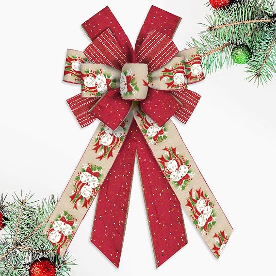 Large Christmas Bows for Wreath, 11.42 inch 20.86 inch Red and Beige Bow with Christmas Bells Holly Design, Wired Craft Bow for Holiday Tree Topper, Front Door,Indoor Decor