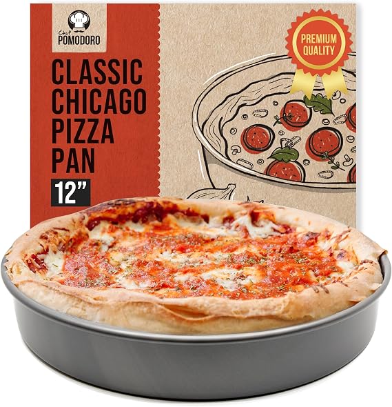 Chef Pomodoro Chicago Deep Dish Pizza Pan, 12 Inch Hard Anodized Aluminum | Pre-Seasoned Nonstick Pizza Pan for Oven, Great for Casseroles, Pies & Deep Dish Desserts, Heavy Duty Round Bakeware