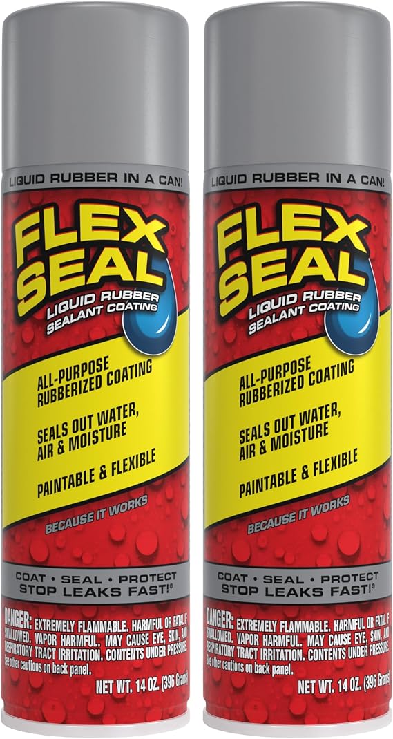 Flex Seal, 14 oz, 2-Pack, Gray, Stop Leaks Instantly, Waterproof Rubber Spray On Sealant Coating, Perfect for Gutters, Wood, RV, Campers, Roof Repair, Skylights, Windows, and More