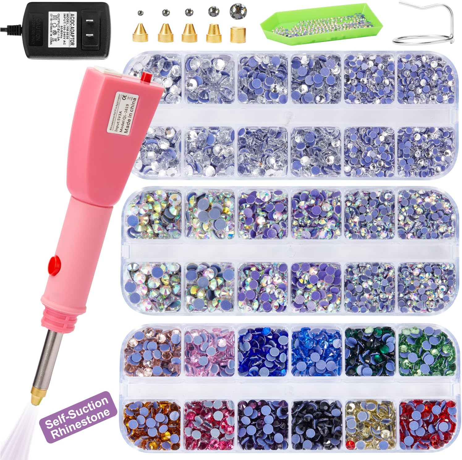 GLOCTO Self-Suction hot fix applicator Tool with 5,000 Pieces of Rhinestones, Three gem Sizes and Various Tips, Perfect for Adding Sparkle to Clothing, Fabric, and Craft Projects