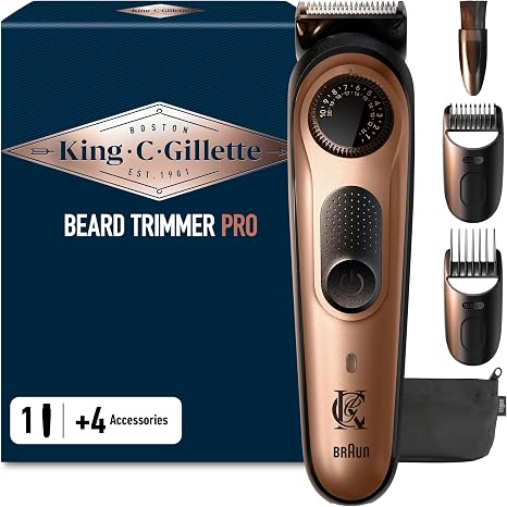 King C. Gillette Pro Beard Trimmer for Men Copper Trimmer with precision wheel wireless beard razor includes cleaning brush 3 interchangeable comb