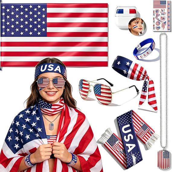 2026 World Soccer Sport Cup USA Fan Gear Kit - Patriotic Supporter Set for Game Day, Watch Parties & National Celebrations with American Flag Scarf,Headband,Wristbands,Face Paint,Necklace,Sunglasses