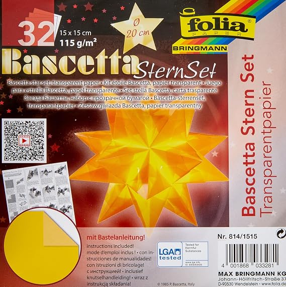 Folia Faltblätter Bascetta Stern Transparent Yellow Origami Craft Kit, 15x15, 32 Sheets, Adults, Foldable
