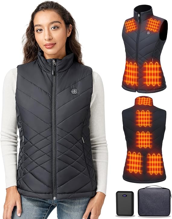 Heated Vest Women, 9 Heating Zones, Diamond Quilting, Nylon