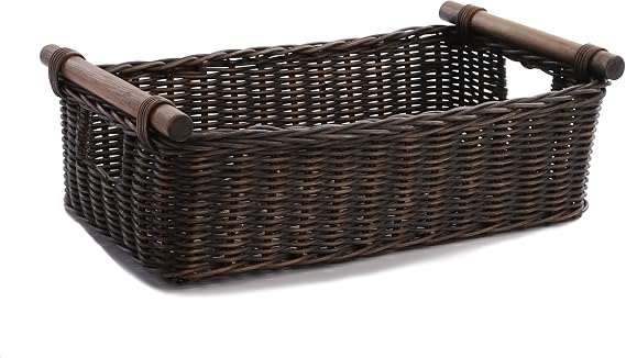 The Basket Lady Low Pole Handle Wicker Storage Basket, Small, Antique Walnut Brown