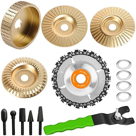 15Pcs Angle Grinder Wood Carving Disc Set for 4"or 4 1/2"Angle Grinder, 4 Grinding Shaping Disc W 7/8"Arbor, 22 Teeth Circular Chainsaw Wheel W 5/8"Arbor and Rotary Burr Rasps for Woodworking