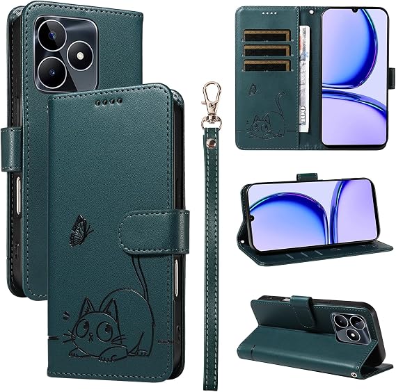 Flip Wallet Case for Oppo Realme C53 Folio Cover with RFID Blocking Card Holder, PU Leather Magnetic Snap Stand Wrist Strap Shockproof Protective Shell Compatible with Realme C53 (Green)