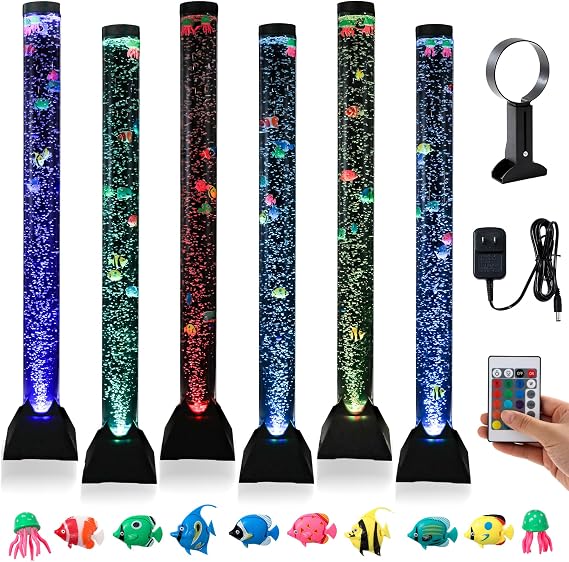 4FT Sensory Bubble Tube Fish Water Floor Lamp with 10 Fish & 16 LED Lights | Calming Sensory Fish Aquarium Tank Tower Remote Control & Wall Bracket Included. Ideal Gift for Autism, ADHD & Special Needs.