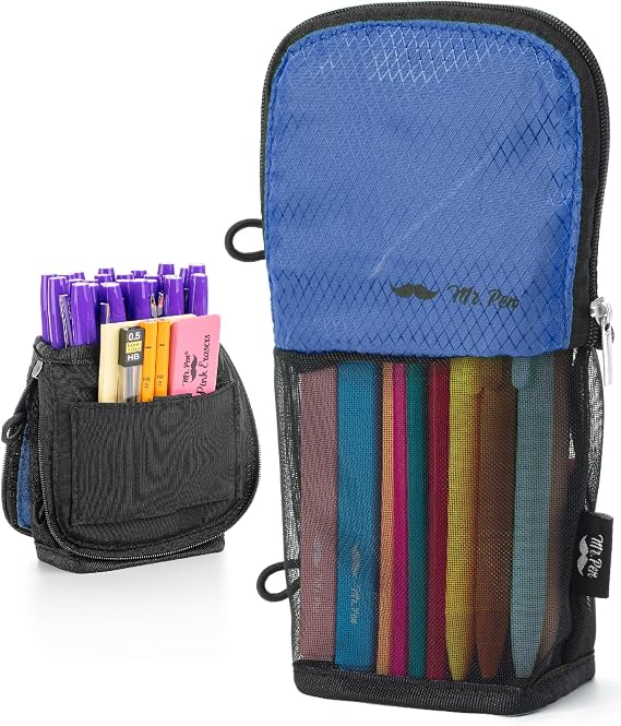 Mr. Pen- Standing Pencil Case Pouch, Sit & Lay Mesh-View Design, Black & Blue, Interior Pocket & 2 Elastic Binder Loops, Cute Pencil Case for Girls and Boys