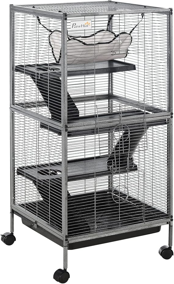 PawHut Metal Small Animal Cage, 4-Tiers Rolling Big Ferret Cage, Gray | with Hammock, Removable Tray, for Chinchilla, Sugar Glider