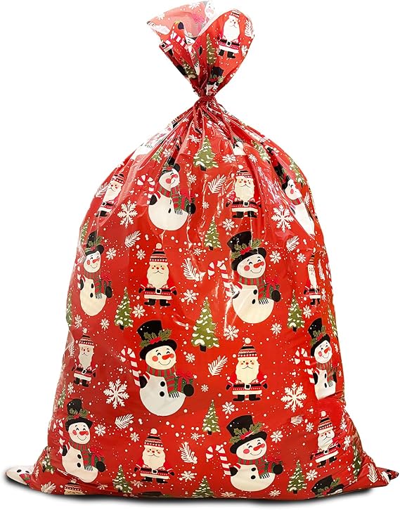 Yunaeduo Extra Large (Big/XL) Christmas Gift Bags 56"x36" - Jumbo Heavy Duty Plastic Santa Sack w/Tag&Tie for Huge Xmas Presents, Red (1pc)