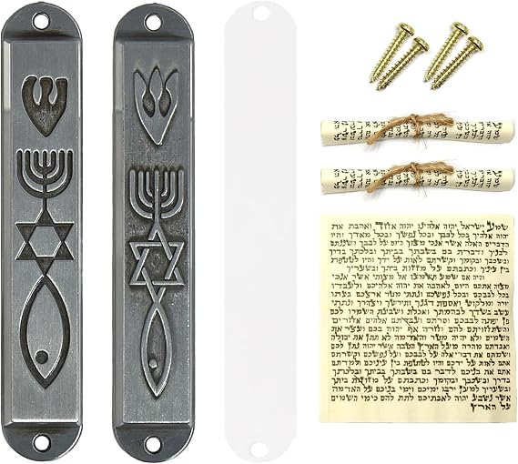 Messianic Mezuzah with Scroll for Door, Set of 2 Metal Mezuzah Cases for Jewish House Warming Gift, Hannukah Decor (Retro Silver, 8 cm / 3.1 Inch)