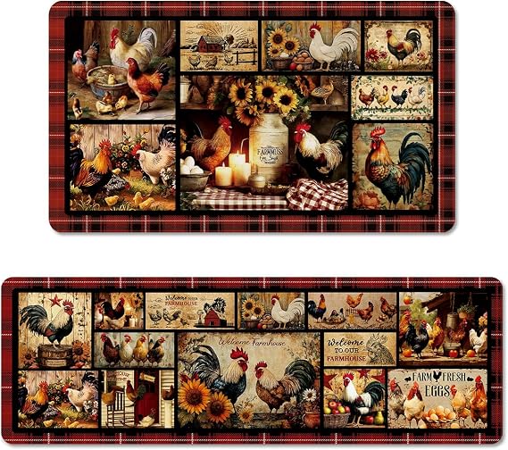 Farmhouse Kitchen Rugs Sets of 2, Farm Rooster Sunflower Kitchen Runner Rugs Non Skid, Washable Kitchen Mat for Sink Floor, Home Kitchen Decorations - 15.7 x 27.5 and 15.7 x47 Inch