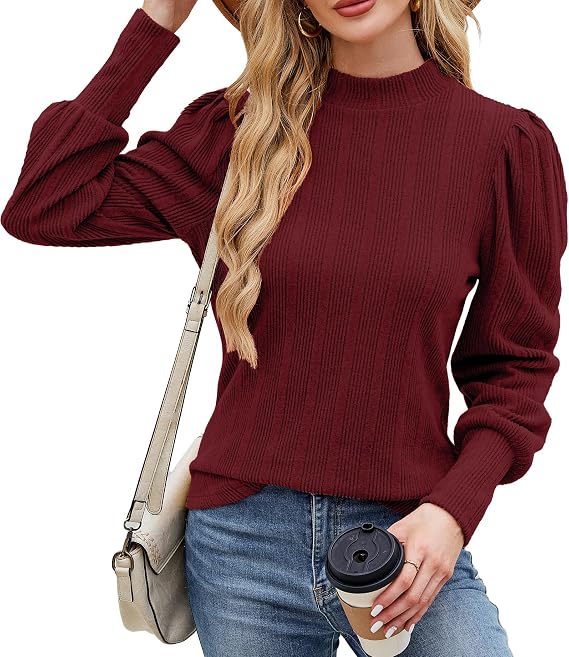 JUSTFASHIONNOW Womens Fall Tops Turtleneck Long Sleeve Shirts Puff Sleeve Sweaters Trendy 2025 Ribbed Knit Pullover Sweater