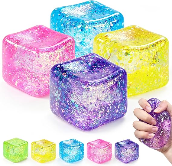 4pcs Squishy Cube Taba Squishy Kit Stress Cube for Adults,Glitter Squishy Slow Rising Fidget Cube Sensory for Anxiety Stress Relief High Density Ice Squeeze Ball Cubes