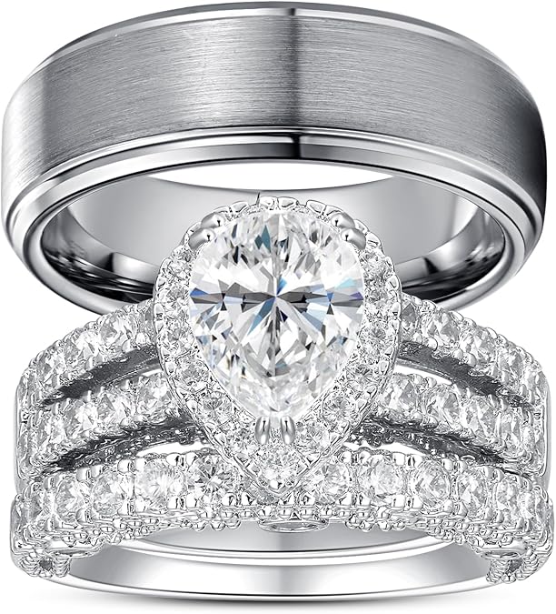 Wedding Rings for Him & Her, Men's Tungsten Band & White Gold Plated 6CT Bridal Set, Pear Cut Zirconia, Halo Pave Setting, Elegant Promise Rings for Couples